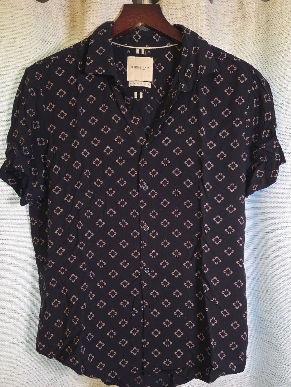Denim & Flower Navy Blue Short Sleeve Button-Down Shirt with Cream Geo Print